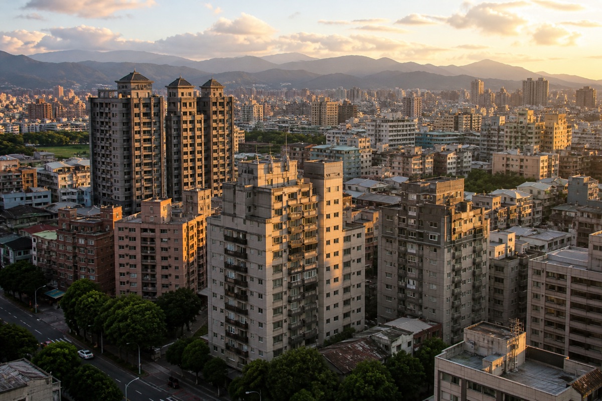 夕陽下的城市住宅大樓群